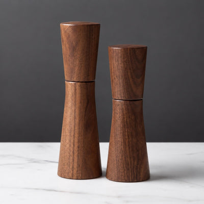 Magnus Lundstrom Pepper Mill, Salt Mill Medium Dark Walnut, Hand-finished, Side by Side Large and Medium Mills. CrushGrind Mechanism.