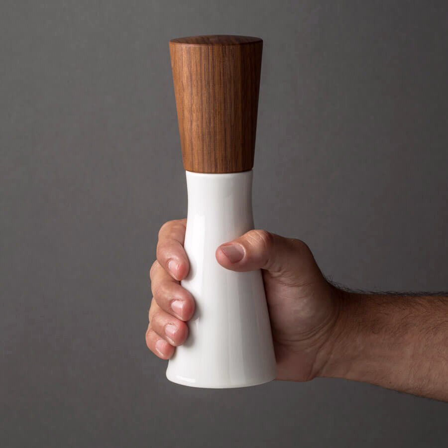Magnus Lundstrom Porcelain and Dark Walnut Pepper Mill, To Scale in Hand, Salt Mill Large, Hand-finished, CrushGrind Mechanism.