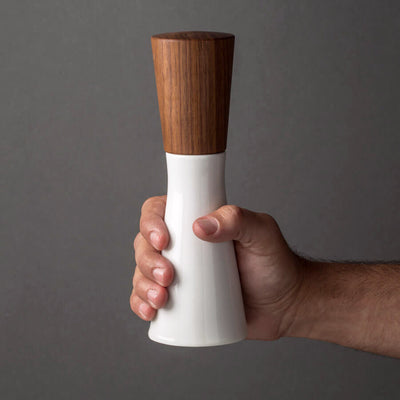 Magnus Lundstrom Porcelain and Dark Walnut Pepper Mill, To Scale in Hand, Salt Mill Large, Hand-finished, CrushGrind Mechanism.