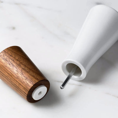 Magnus Lundstrom Porcelain and Dark Walnut Pepper Mill, Easy to Fill, Pull Apart mill. CrushGrind Mechanism. Peppercorns or Salt.