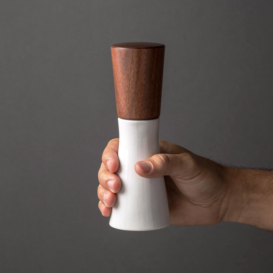 Magnus Lundstrom Porcelain and Dark Walnut Pepper Mill, To Scale in Hand, Salt Mill Medium Size, Hand-finished, CrushGrind Mechanism.