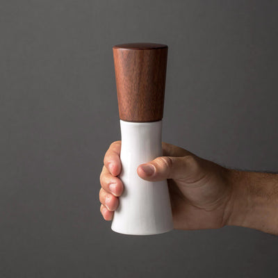 Magnus Lundstrom Porcelain and Dark Walnut Pepper Mill, To Scale in Hand, Salt Mill Medium Size, Hand-finished, CrushGrind Mechanism.