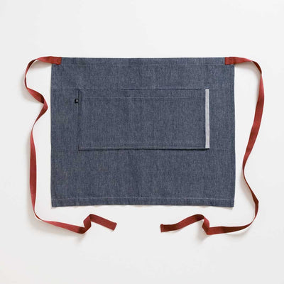 Bistro Apron, Blue Denim with Dark Red Straps, Half Apron, Reluctant Trading